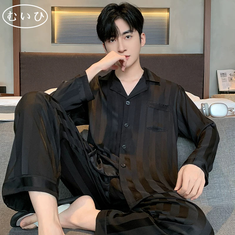 【日本むいひ轻奢】宽松薄款冰丝睡衣男春秋长袖大码加大夏季套装