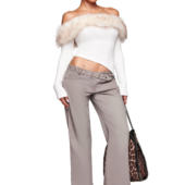 I.AM.GIA毛领一字肩T恤外穿长袖 修身 露肩抹胸显瘦辣妹打底上衣