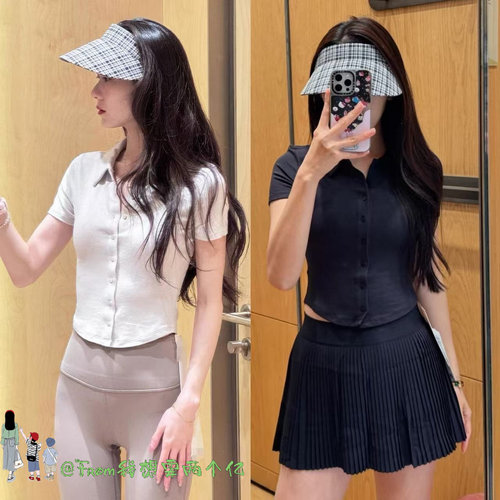 From上新~Buton up Polo衫T恤翻领亨利衬衫短款运动瑜伽短袖女 夏