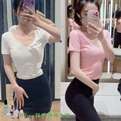 From推荐 T恤女 露脐短款 瑜伽服V领上衣Allg透气运动健身短袖 修身