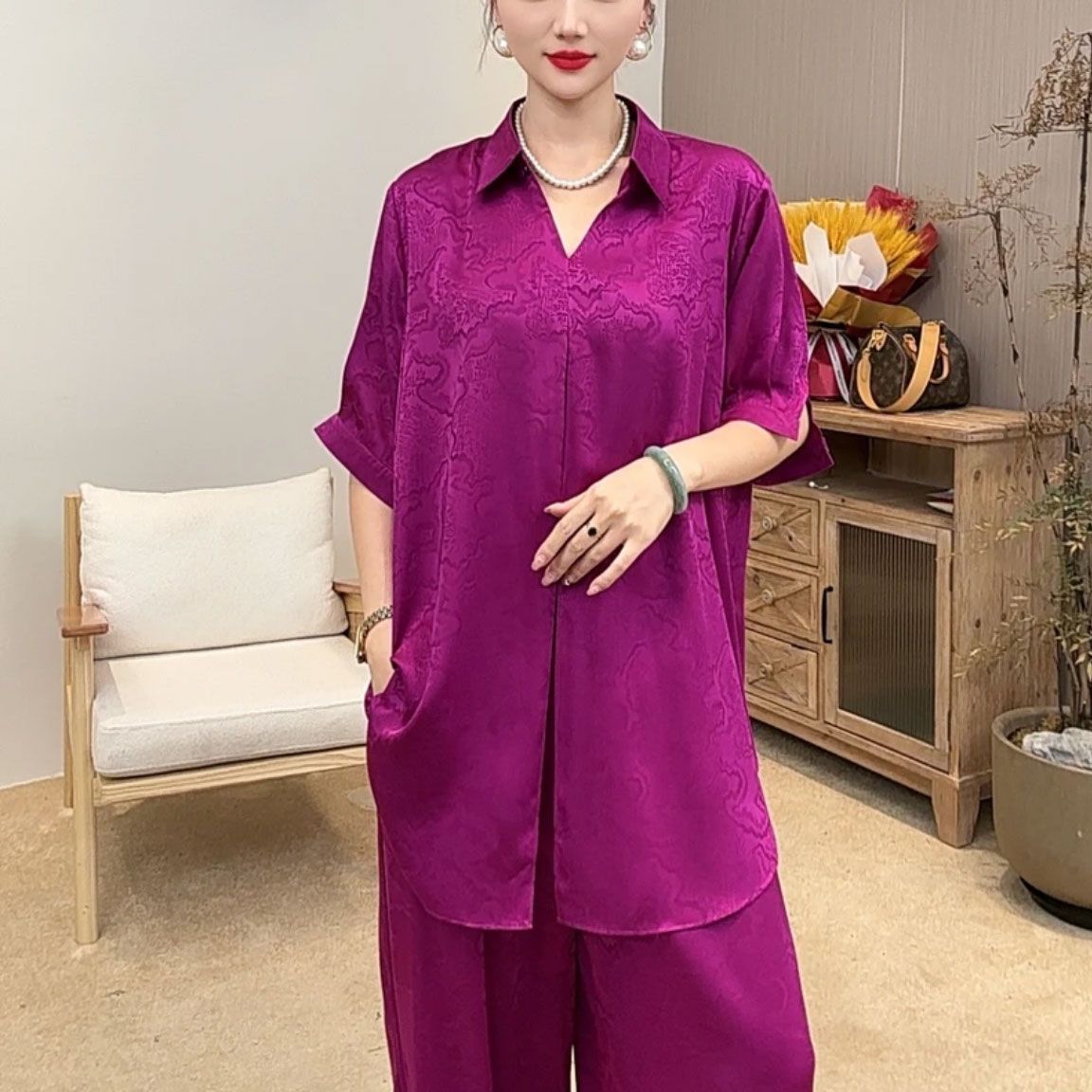 2025夏季新款时尚气质大码套装女宽松遮肉显瘦短袖上衣长裤两件套