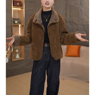 气质皮毛一体短外套女士两面穿宽松休闲保暖上衣 时尚 2024冬季 新款