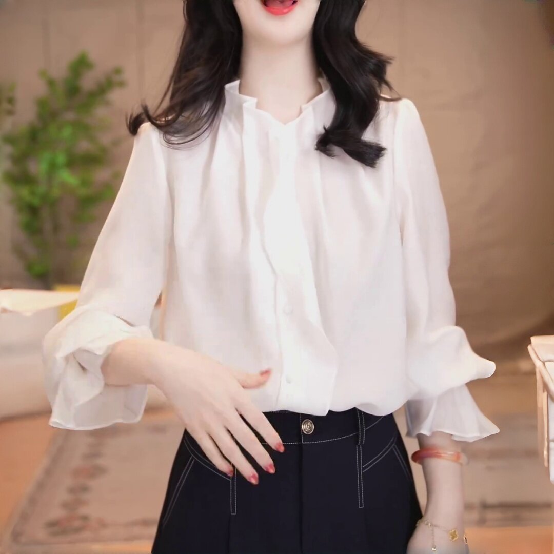 早秋新款韩版白色正肩漂亮上衣法式温柔木耳边立领长袖显瘦衬衫女