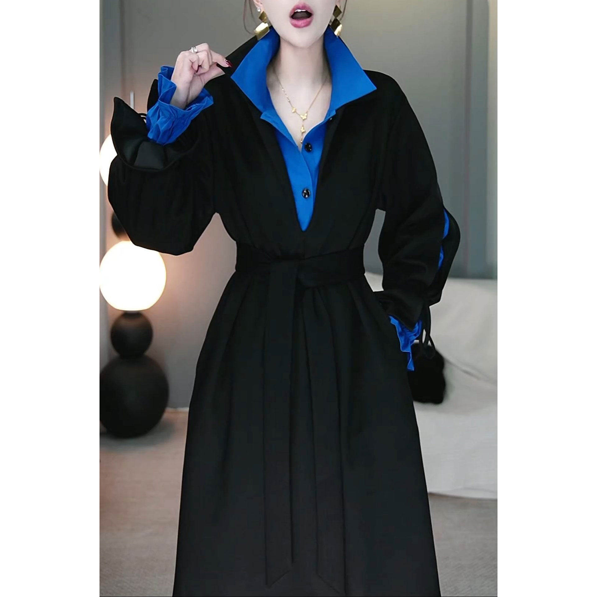 时尚假两件拼色显瘦连衣裙2026春季新款设计感系带中长款衬衫裙子,女装/女士精品,连衣裙,淘宝优惠券,粉丝福利购,淘宝优惠卷