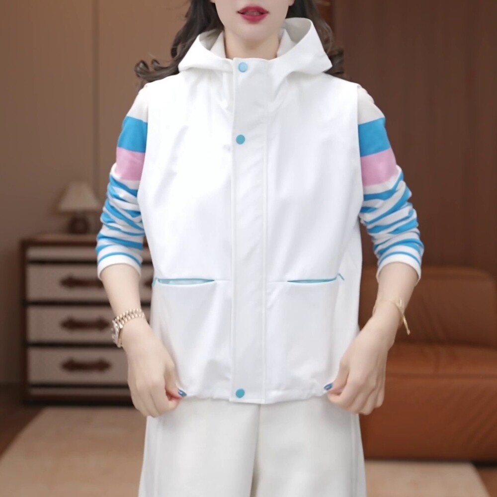 时尚百搭无袖轻薄马夹短外套白色连帽运动风背心马甲2026秋季女士
