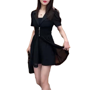 2025夏新时尚连衣裙套装女款气质简约收腰拉链纱裙背心短裤三件套