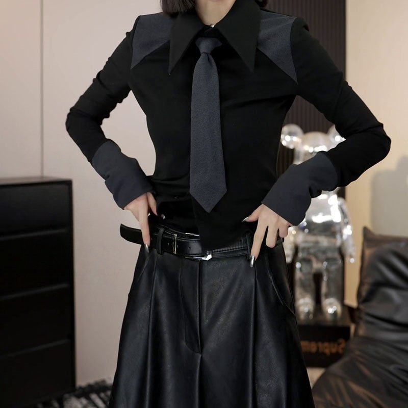 复古时尚修身百搭长袖衬衫2025冬季新款拼接设计领带翻领打底上衣,女装/女士精品,衬衫,淘宝优惠券,粉丝福利购,淘宝优惠卷