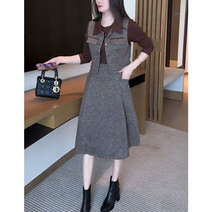 2025秋季新款时尚洋气套装女马甲外搭拼接假两件长袖连衣裙两件套