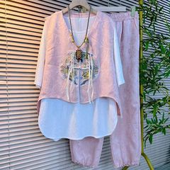 大码时尚新中式国风套装女2025夏新款盘扣刺绣马甲上衣裤子三件套