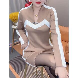 新款 高级感拼色连衣裙女2025年春季 气质收腰显瘦a字裙子 时尚 大码