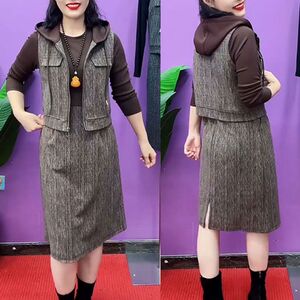 连帽马甲外穿长袖连衣裙两件套女2026秋季新款简约潮流显瘦套装潮