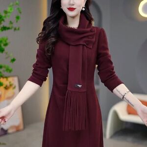 2025秋冬新款时尚气质显瘦裙子女设计感休闲加绒中长款打底连衣裙