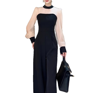 2026年秋季新款时尚长袖连体裤套装女气质名媛收腰显瘦连衣阔腿裤