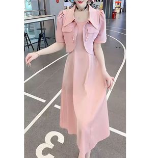 潮 时尚 外搭小西服连衣裙两件套女2025夏季 新款 遮肚小香风显瘦套装