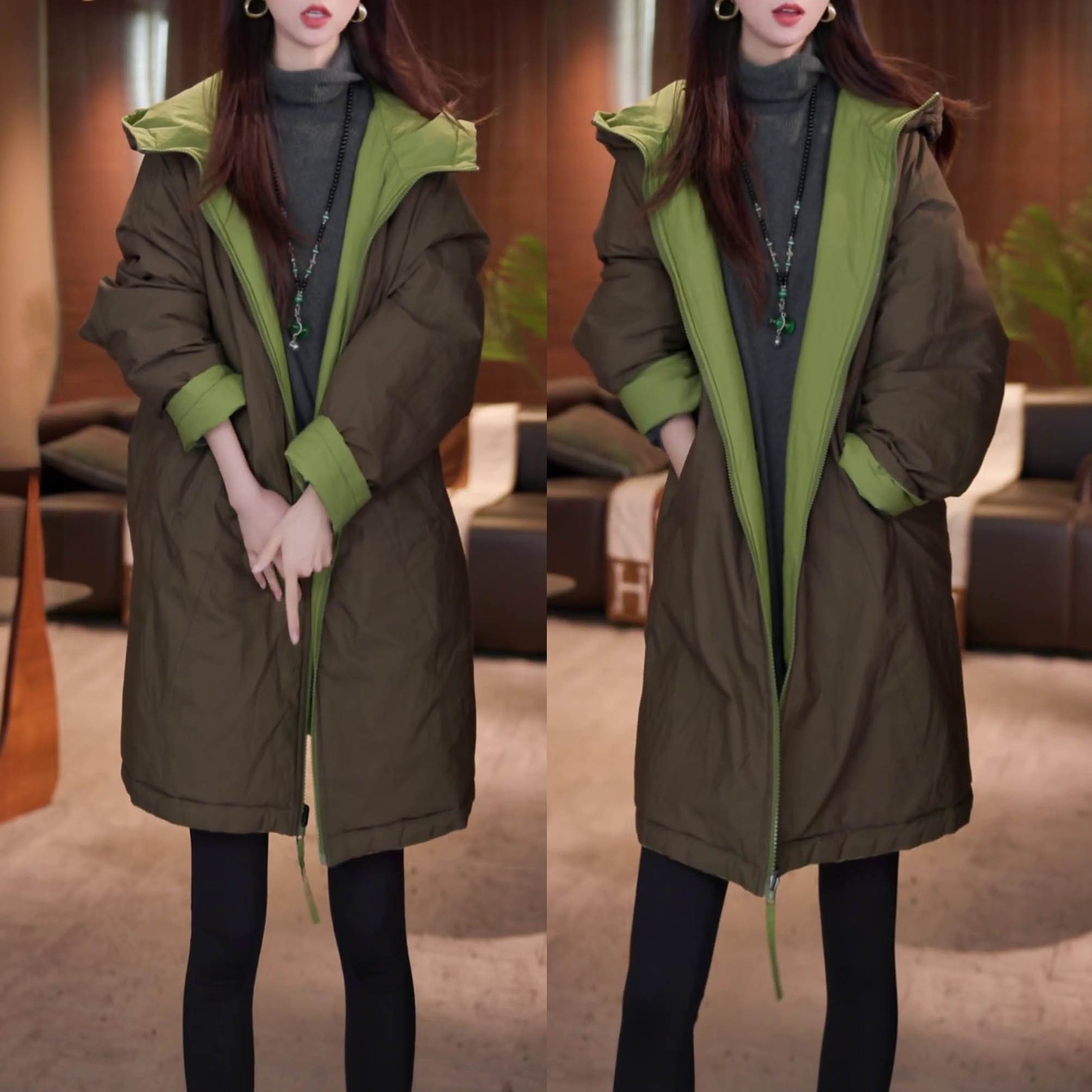 加厚保暖中长款双面穿棉衣