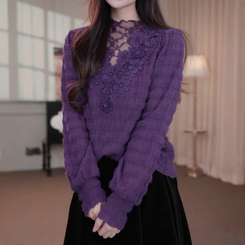 韩系时尚半高领蕾丝拼接打底衫2025秋冬新款洋气显瘦百搭长袖上衣