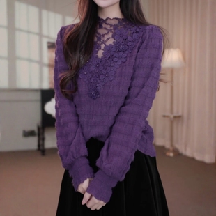 韩系时尚半高领蕾丝拼接打底衫2025秋冬新款洋气显瘦百搭长袖上衣