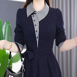 优雅气质长袖 系带收腰显瘦休闲中长裙女时尚 连衣裙 新款 2025年秋季