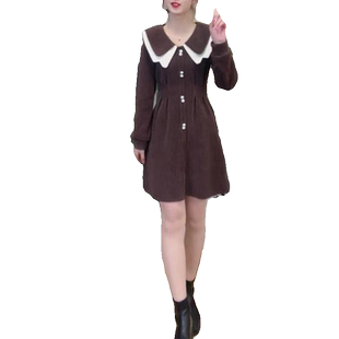 法式娃娃领连衣裙女2026早春季新款气质小个子洋气显瘦长袖裙子