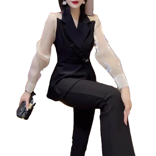 时尚西装领长袖上衣微喇裤两件套女2026春季新款洋气显瘦拼接套装