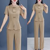 新款 时尚 气质显瘦国风套装 2026夏季 盘扣条纹上衣微喇叭裤 两件套女