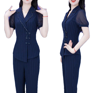 雪纺拼接盘扣短袖上衣直筒裤两件套女2026夏新款时尚气质显瘦套装