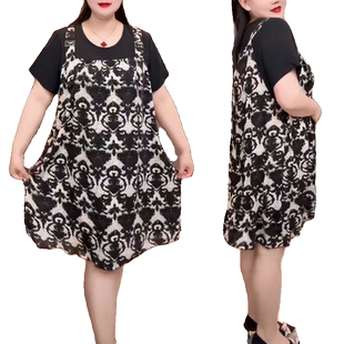 大码女装古着假两件连衣裙女2025夏新款遮肉撞色拼接印花中长裙子