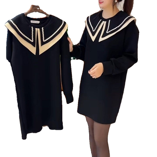 秋季新款大码胖mm宽松显瘦连衣裙法式娃娃领中长款休闲百搭裙子女