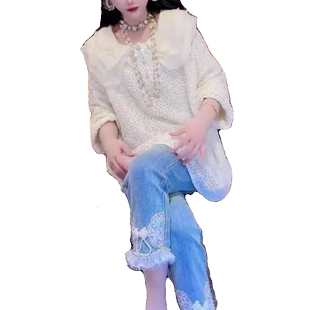 时尚重工娃娃领亮片蕾丝衫女2026年早春新款宽松显瘦百搭气质小衫
