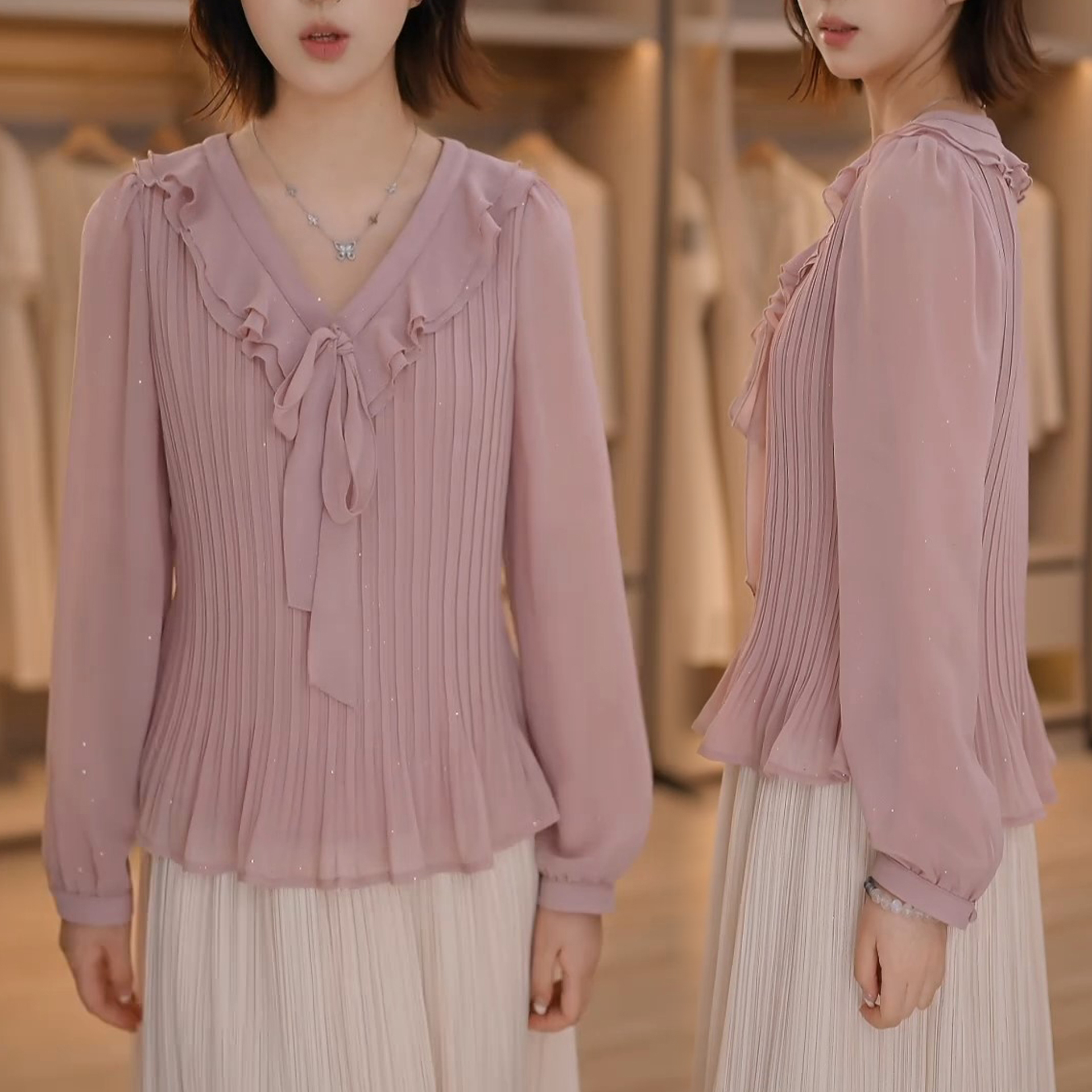 秋季新款褶皱拼接花边小衫上衣