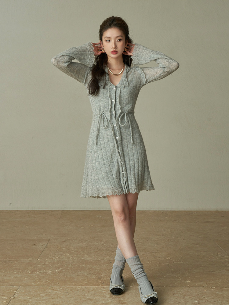 Wool Mohair Knit Dress: 2024 Winter Lace V-Neck Trend - Taobao product photo 4
