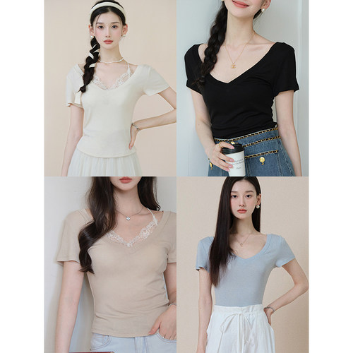 且可ChillCozy 轻氧柔光  莱赛尔混纺大V领宽松短袖T恤上衣女夏