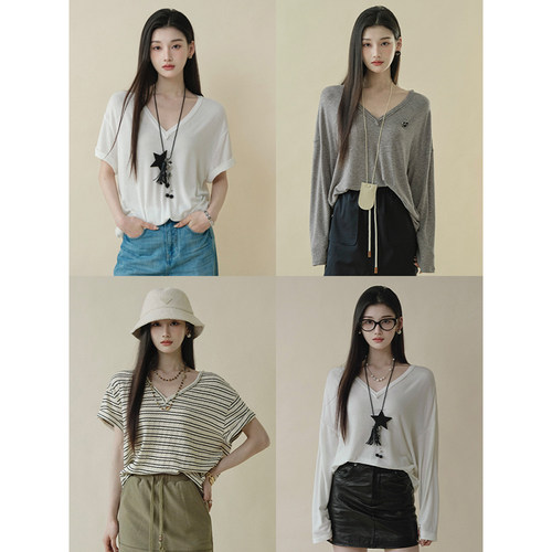 且可ChillCozy 威尼斯 美利奴丝光羊毛&兰精天丝宽松百搭V领T恤女