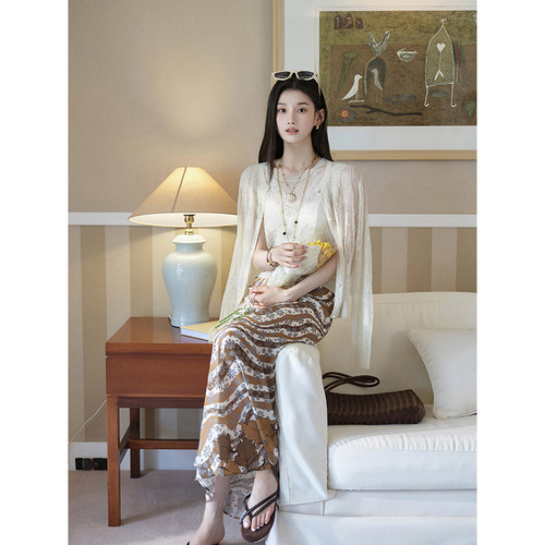 且可ChillCozy 浮光掠影 镂空提花肌理针织亚麻长袖背心开衫女夏