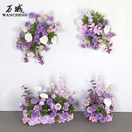 婚礼装饰紫色壁挂花艺 KT板墙面摄影背景布置仿真绢花挂花地排花