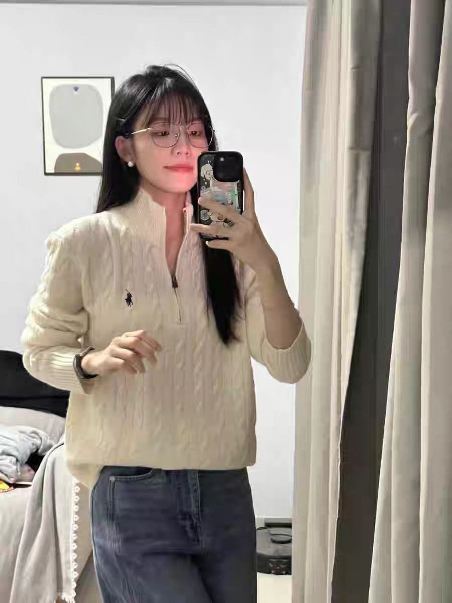 小马标刺绣半拉链绞花麻花羊毛长袖宽松毛衣女款