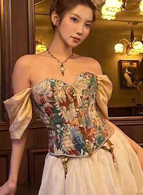 DandD1912巴洛克公主宫廷印花真丝抹胸一字肩鱼骨收腰系带胸衣