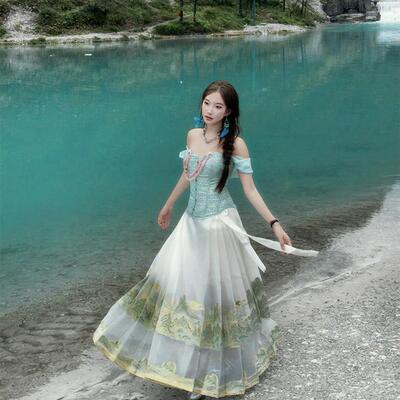 DandD1912中海绿新中式粉色琥珀串珠一字肩碎花撞色鱼骨胸衣