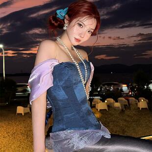 DandD1912“人鱼的眼泪”一字肩缎面鱼骨胸衣扎染修身束腰抹胸