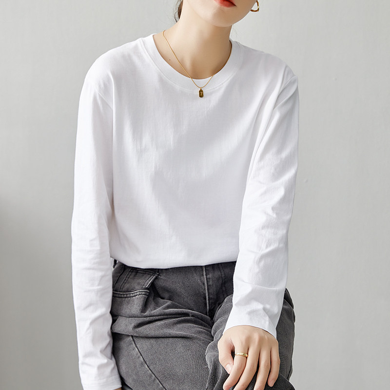 白色纯棉长袖t恤女秋正肩小个子春秋纯白万能卫衣内搭打底衫大白t