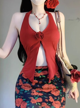 2026新款红色分体立体花朵泳衣女裙式性感辣妹海边度假温泉比基尼