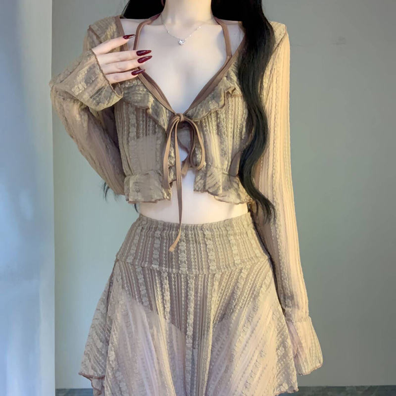 泳衣女纯欲风辣妹分体比基尼裙式三件套性感高腰遮肚显瘦度假温泉