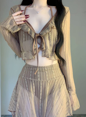 泳衣女纯欲风辣妹分体比基尼裙式三件套性感高腰遮肚显瘦度假温泉