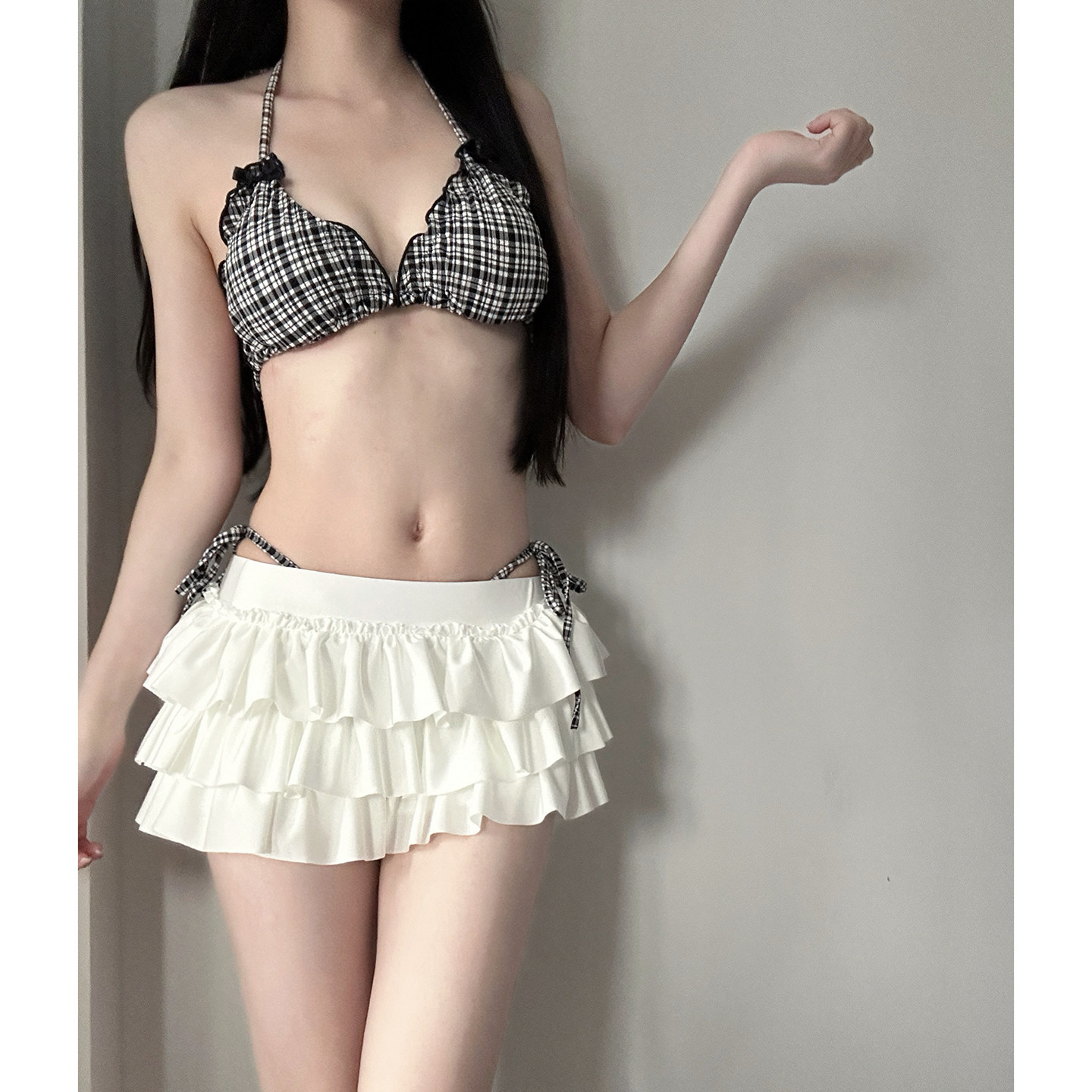 绝美性感比基尼复古格子分体三件套纯欲高级感度假泳衣女款泡温泉