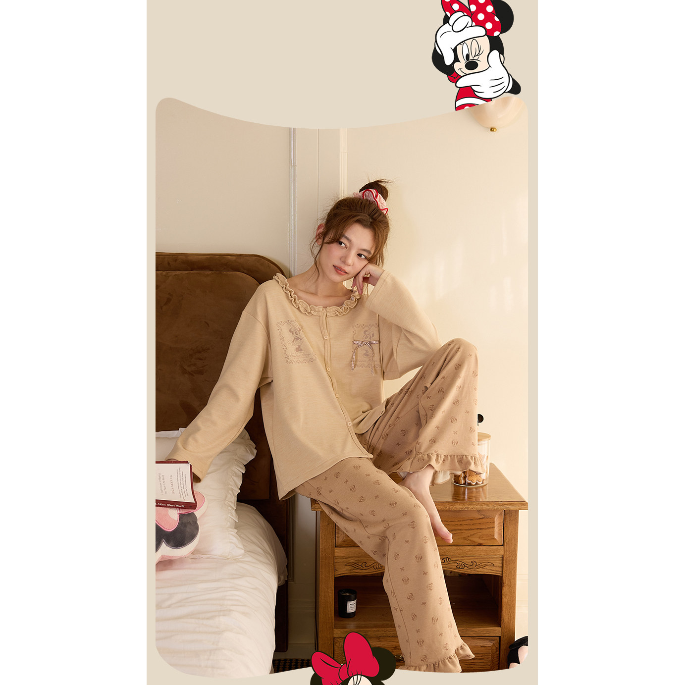 Disney迪士尼女秋冬羊绒蚕丝开衫长袖长裤大码舒适休闲家居服0225
