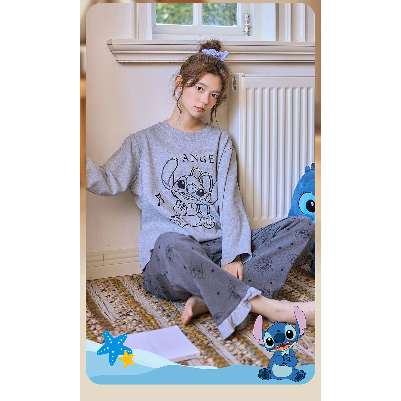 Disney/迪士尼秋冬长袖长裤带胸垫睡衣女韩版大码简约家居服0169