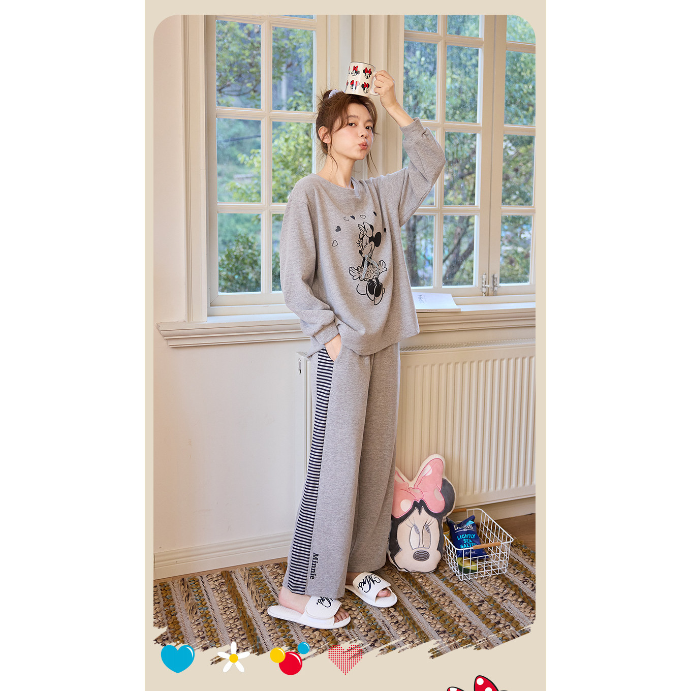 Disney迪士尼羊绒蚕丝圆领套头女秋冬长袖长裤休闲舒适家居服0219