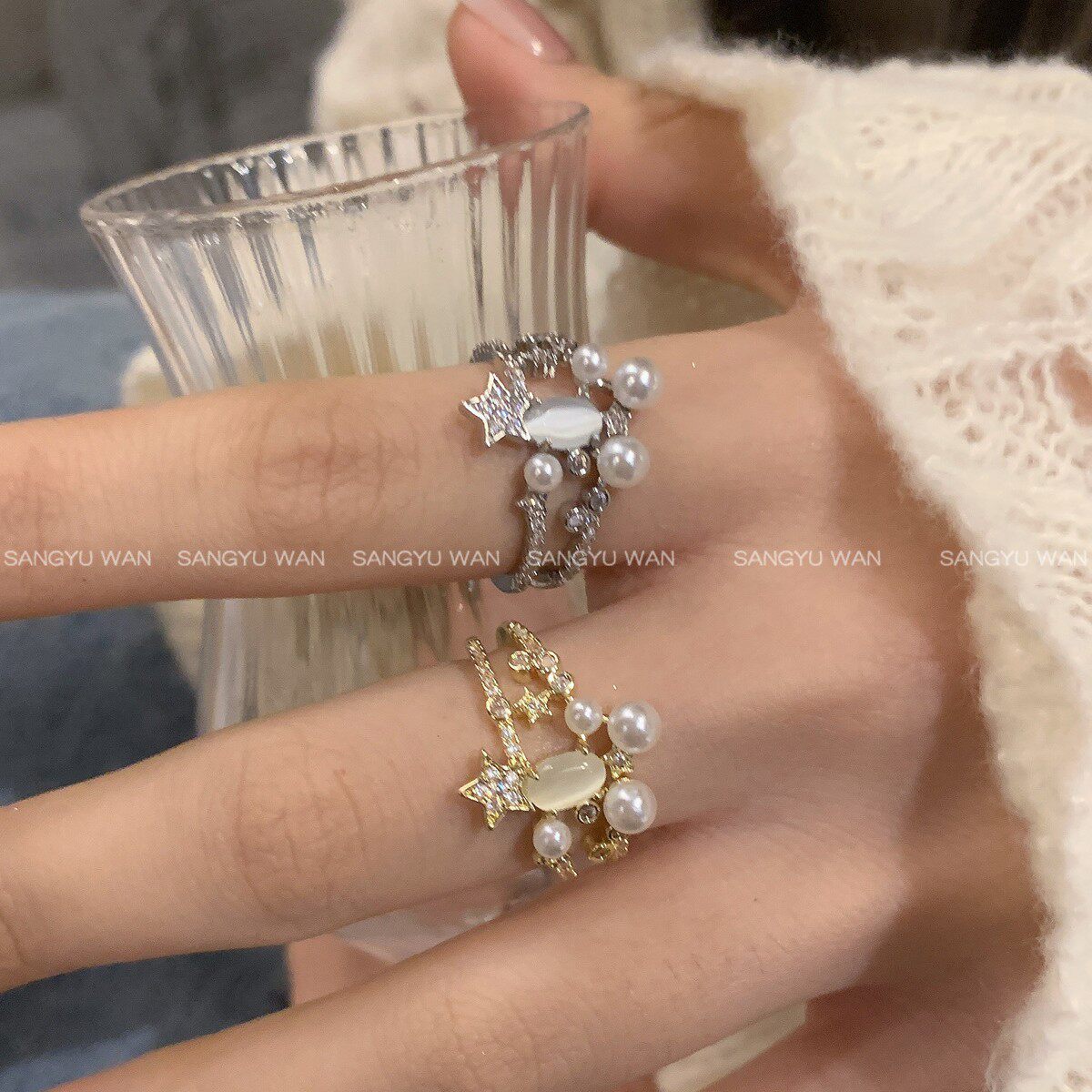 星河冰透玉髓星星戒指女小众轻奢法式复古高级感珍珠满钻金色电镀