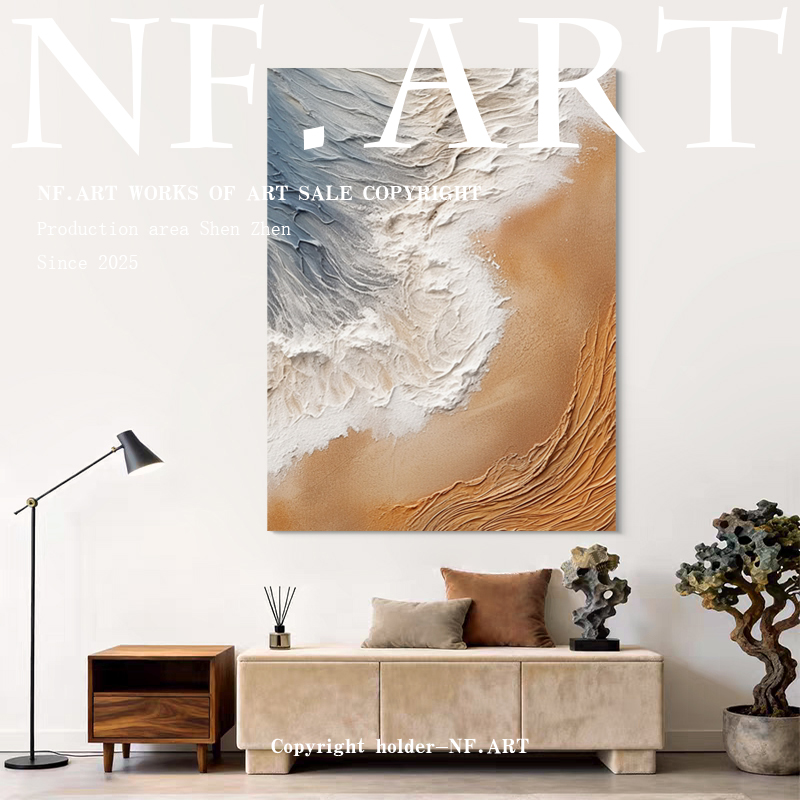 NF.ART原创手绘《羡青》侘寂风客厅简约抽象挂画玄关大幅艺术油画