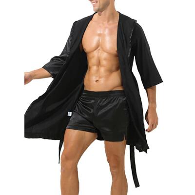 Men Bathrobe Pajamas Nightgown Hooded Loose Satin Silk Sleep
